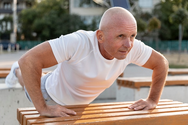 Free photo elder man athlete doing push-ups