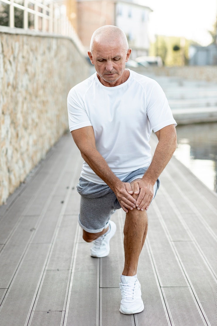 Free Photo elder man stretching alongside water