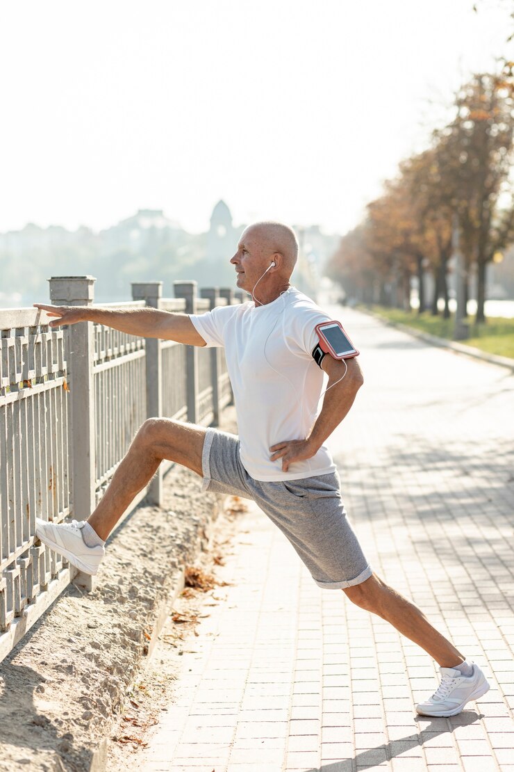 Free Photo elder runner stretching at a fence