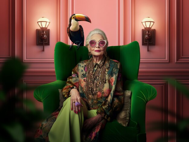 Elder woman with toucan bird