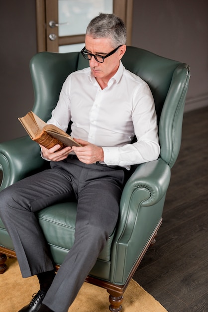 Elderly businessman reading on an armchair