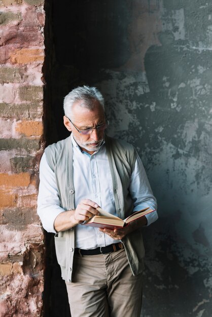 An elderly man standing in front of concrete wall reading book