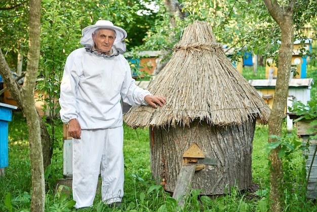 Elderly man wearing beekeeping costume harvesting honey at his apiary outdoors copyspace.