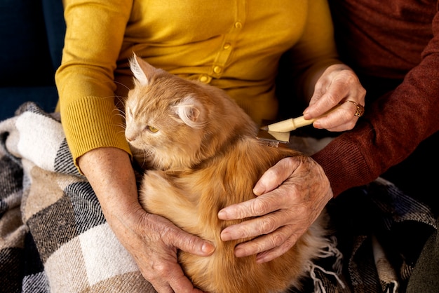 Free photo elderly people with cat pet