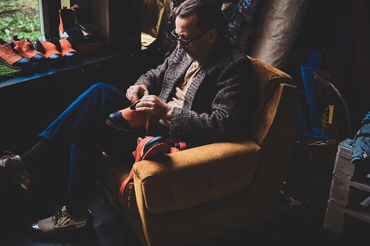 Free Photo elderly shoes designer is making laces for shoes from his new handmade collection.
