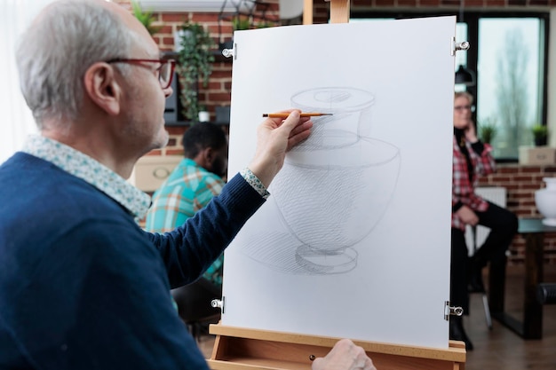 Пожилой студент рисует модель вазы на белом холсте, используя технику рисования во время урока рисования в студии творчества. Разнообразная команда посещает творческий урок, развивая художественные навыки