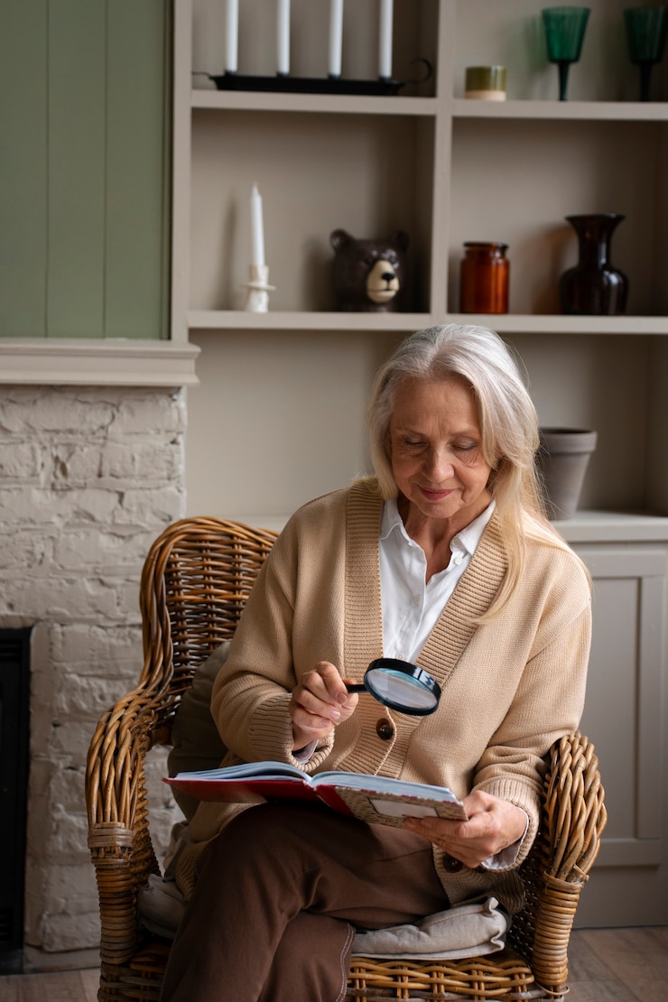 Free Photo elderly woman reading while using a magnifying glass