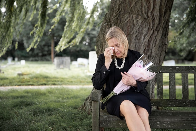 Free photo elderly woman visiting the grave of loved one