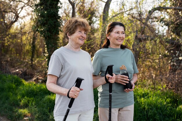 Elderly women walking together