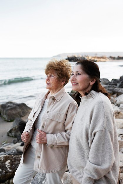 Elderly women walking together