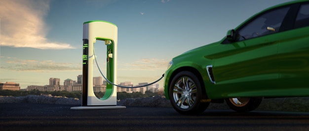 Electric car and ev charger city background Premium Photo