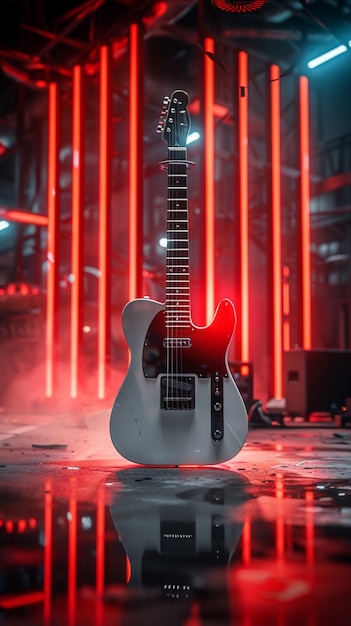 Free photo electric guitar with neon light still life