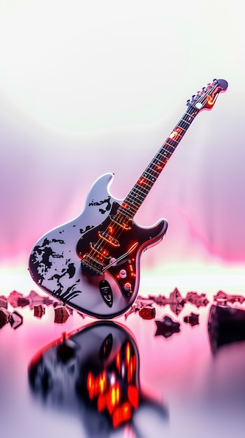 Free photo electric guitar with neon light still life