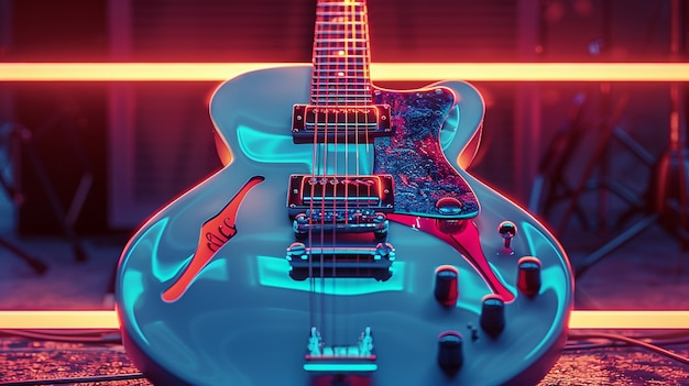 Free photo electric guitar with neon light still life