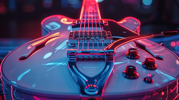 Free photo electric guitar with neon light still life