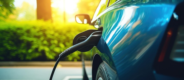 Free photo electric vehicle fuels up with clean energy at a charging station enveloped in a blue power aura on a natural background