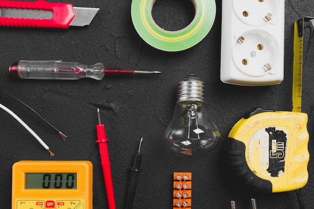 Electrical tools on dark table