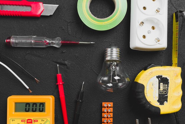 Electrical tools on dark table