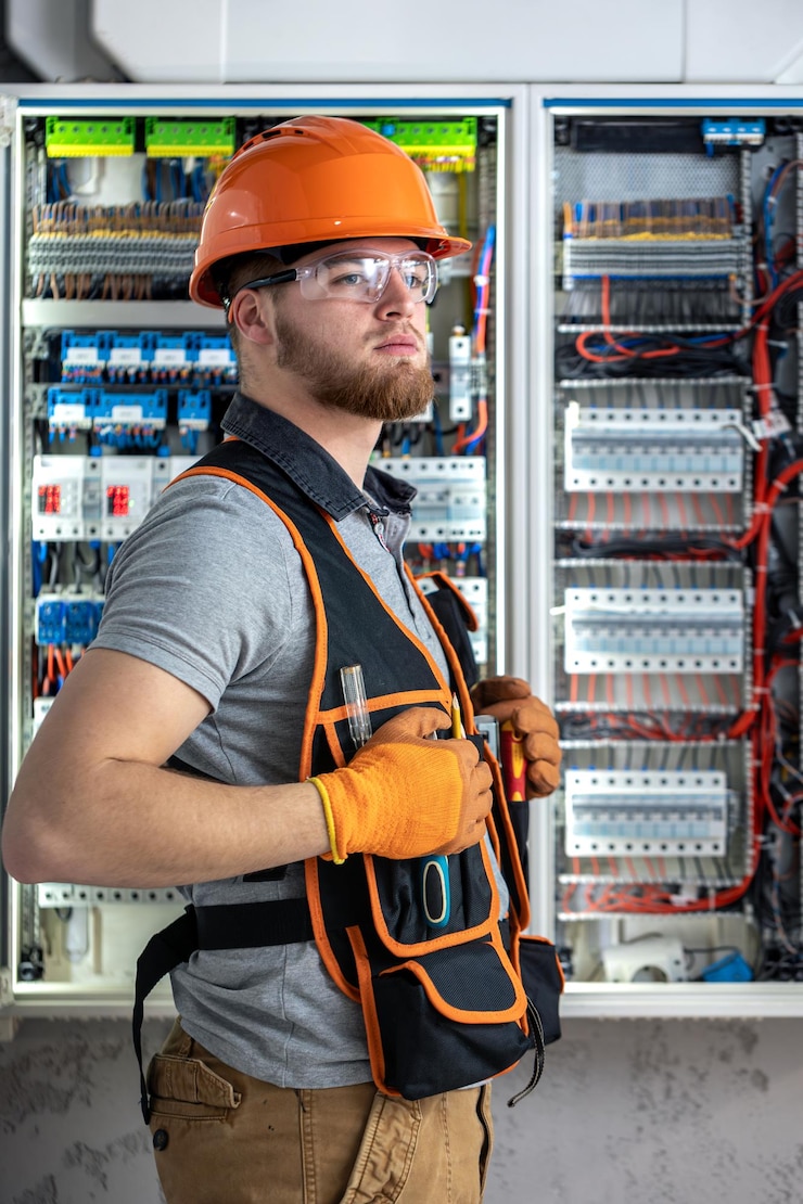 Free Photo electrician man in overalls works in the switchboard portrait of an electrician in overalls