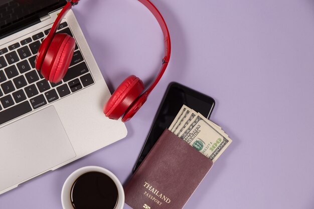 Electronic devices to listen to music and a cup of coffee