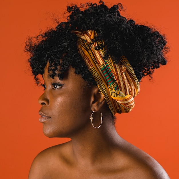 Elegant bare young African American female in studio