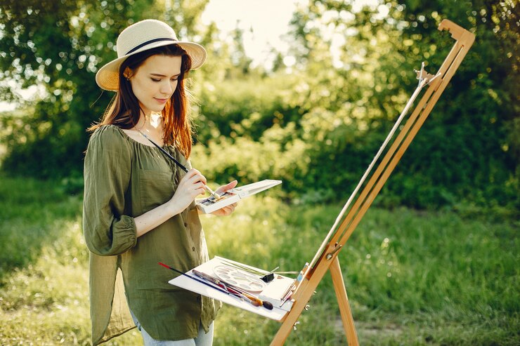 Free Photo elegant and beautiful girl painting in a field