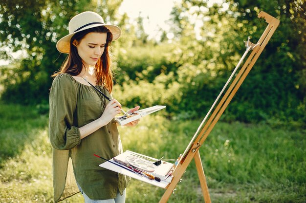 Elegant and beautiful girl painting in a field