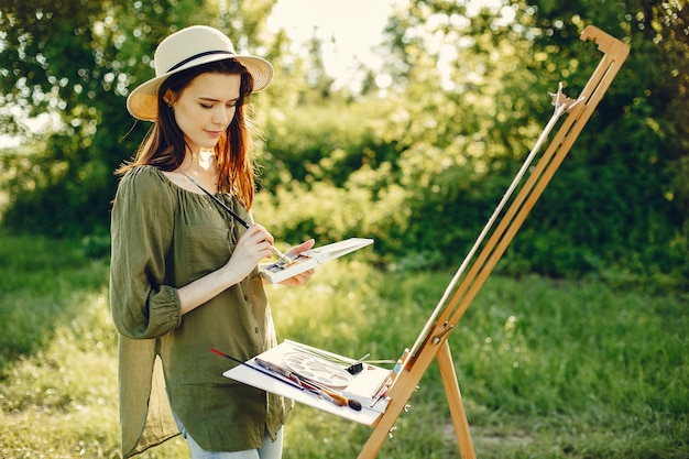 Elegant and beautiful girl painting in a field