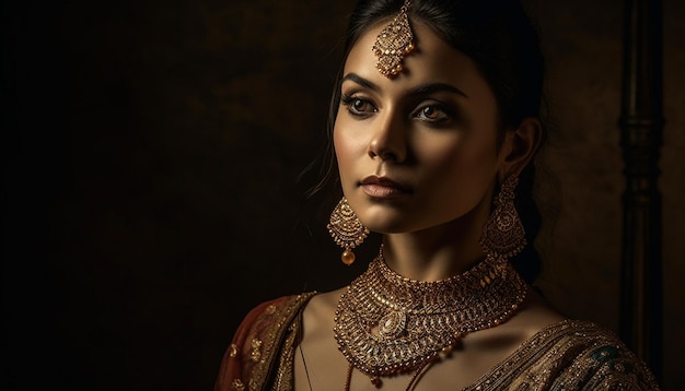 Elegant beauty in gold and traditional clothing generated by AI