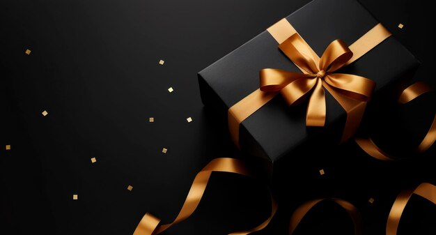 Elegant black box banner with gold ribbon on a dark background