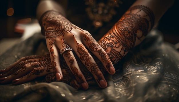 Foto gratuita elegante henné da sposa che adorna la mano e la bellezza generata dall'intelligenza artificiale