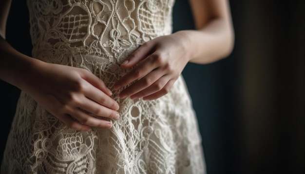 Foto gratuita sposa elegante che tiene il materiale dell'abito da sposa in pizzo generato da ai