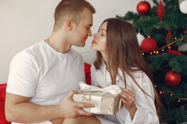 Elegant couple at home near christmas tree