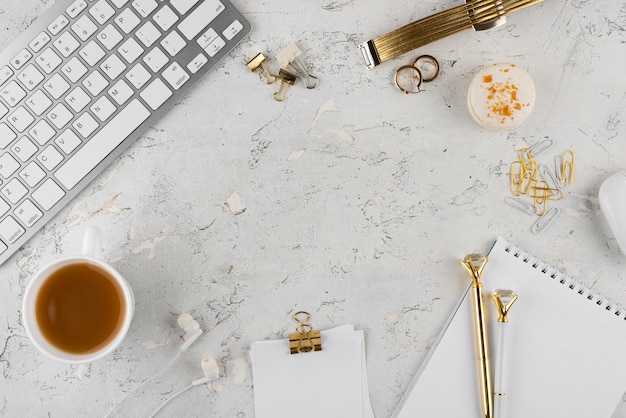 Elegant desk arrangement flat lay