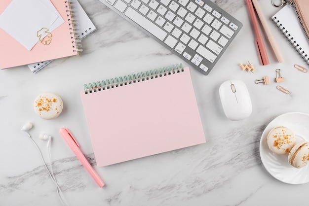 Elegant desk arrangement with macarons