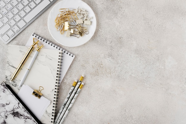 Free photo elegant desk composition flat lay