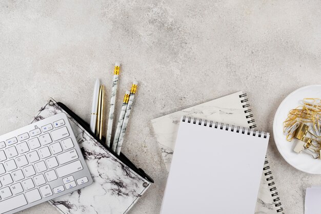 Elegant desk composition above view