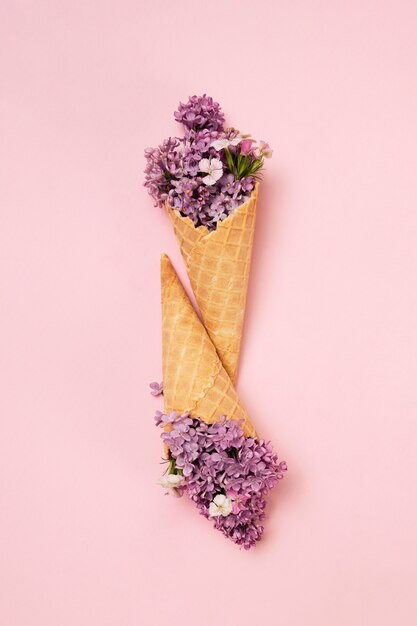 Elegant eco food concept with flowers in ice cream cone