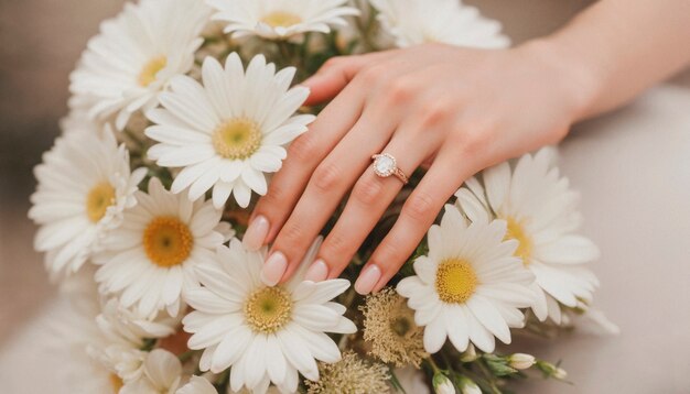 Elegant engagement ring resting on a beautiful floral bouquet