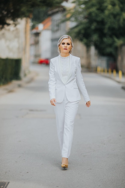 Элегантная модная кавказка в красивом белом костюме и брюках позирует для модной фотосессии