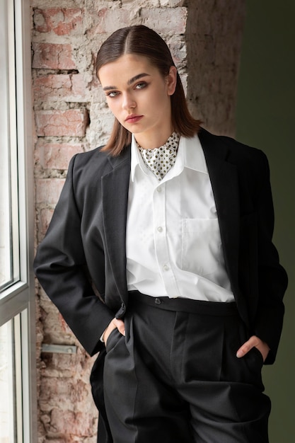 Elegant female model posing in a jacket suit with a tie. new feminity concept