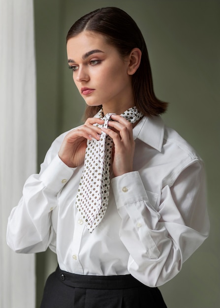 Elegant female model posing in a jacket suit with a tie. new feminity concept