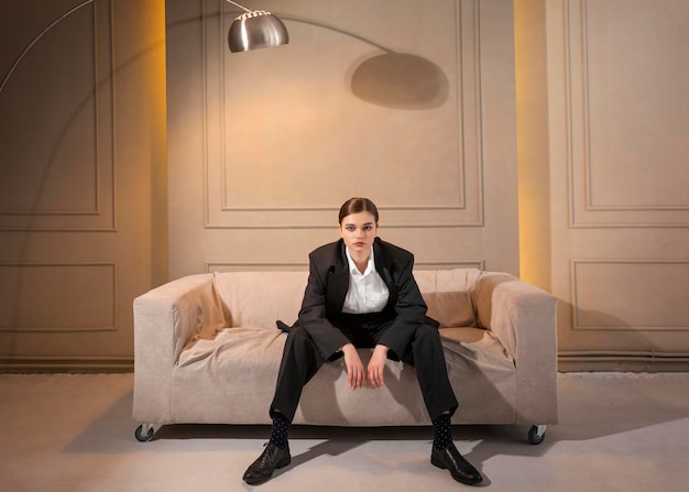 Elegant female model posing in a sofa in jacket suit. new feminity concept