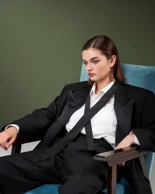 Elegant female model sitting in an armchair in a jacket suit. new feminity concept