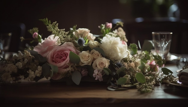 Elegant flower arrangement on wooden table centerpiece generated by AI