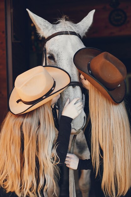 Elegant girls with a horse in a ranch