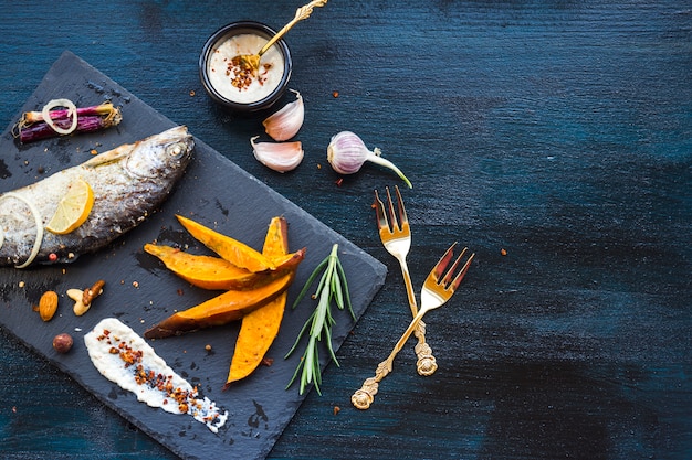 Elegant healthy food composition with fish