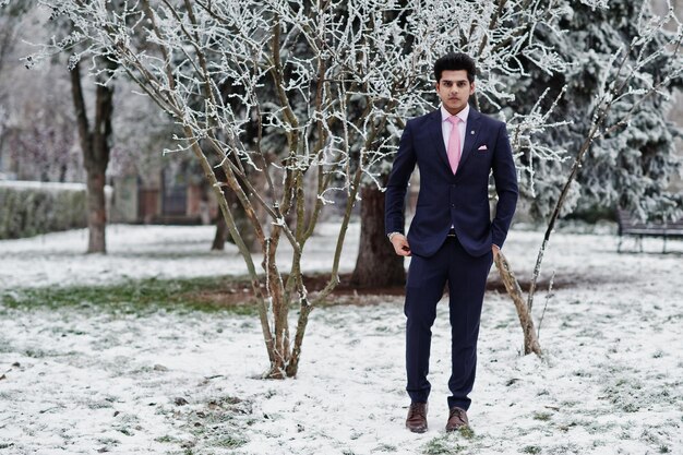 冬の日にポーズをとったスーツとピンクのネクタイのエレガントなインドのマッチョな男モデル