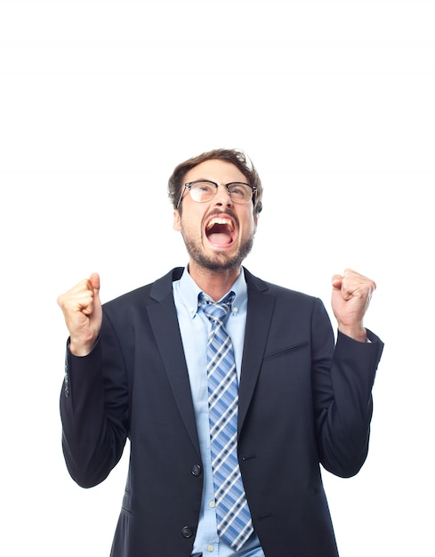 Free photo elegant man celebrating with raised fists