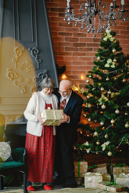 An elegant old couple are celebrating Christmas